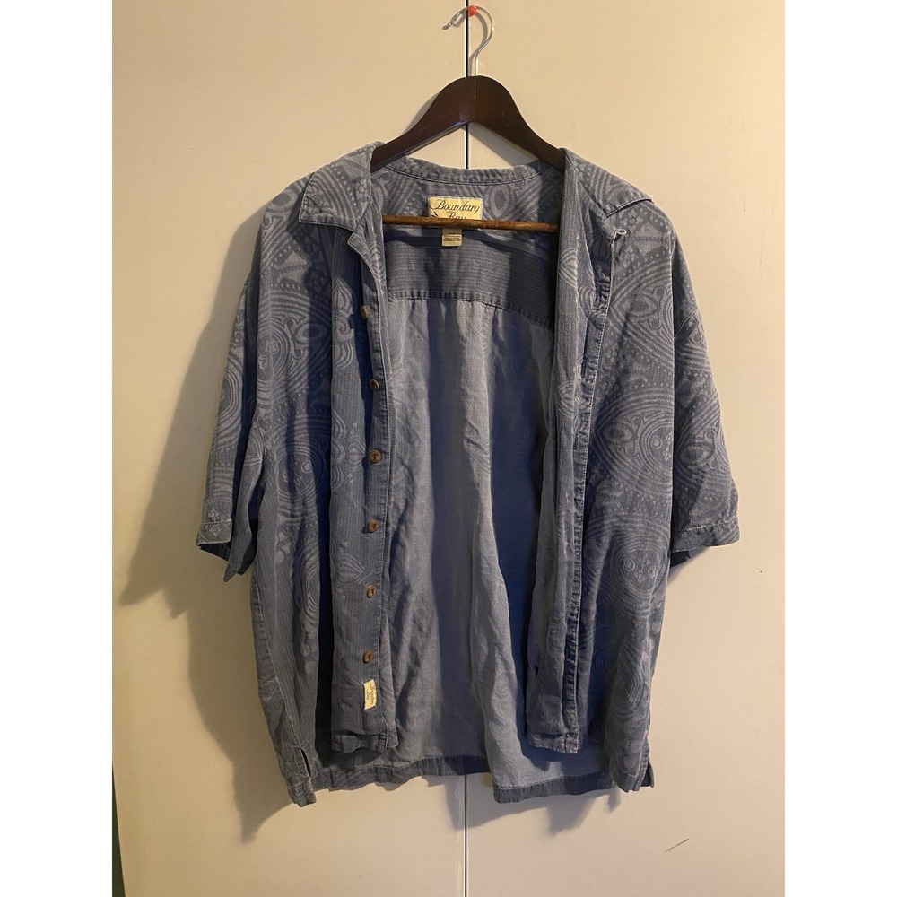 VTG Boundary Bay 100% Silk Men's Large Camp Shirt Blue Paisley Jacquard Hawaiian